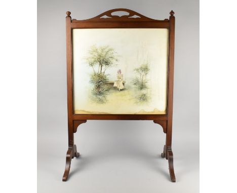 An Edwardian Mahogany Framed Fire Screen with Silk Embroidered Panel, 59cms Wide and 89cms High