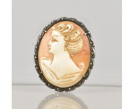 A Vintage Carved Shell Cameo Brooch Mounted in 800 Silver and with Marcasite Decoration to Border, Maiden Facing Left, 32.2mm