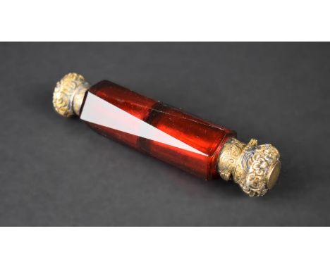 A Victorian Ruby Glass Double Scent Bottle, 12.5cms Wide (Missing Inner Stoppers)