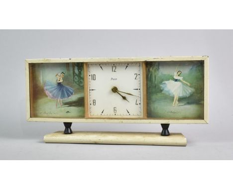 A Mid Century Paico Mantel Clock with Printed Ballerina Panels Flanking Central Face, 33cms Wide