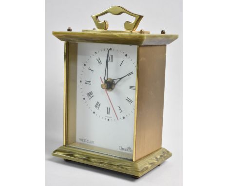 A Late 20th Century Westclox Quartzmatic Mantel Clock, in Brass and Faux Marble, 16cms High