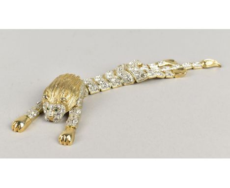 A Vintage Gold Tone Shoulder Brooch, Articulated Jewelled Lion, 18.5cms Long