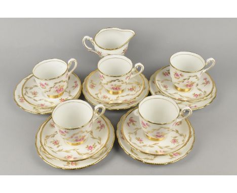 A New Chelsea Pink Flower and Gilt Decorated Tea Set to Comprise Five Cups, Five Saucers, Five Side Plates and a Milk Jug