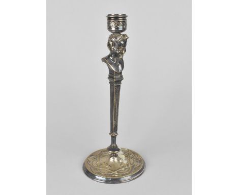 A Late 19th Century Art Nouveau Influenced Silver Plated Candlestick with "Puck" Mask, 25cms High