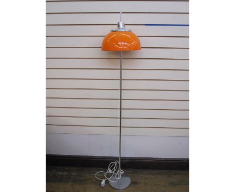 Harvey Guzzini mushroom-shaped floor lamp with orange shade, chrome finial and base, with label Harvey Guzzini Made in Italy 