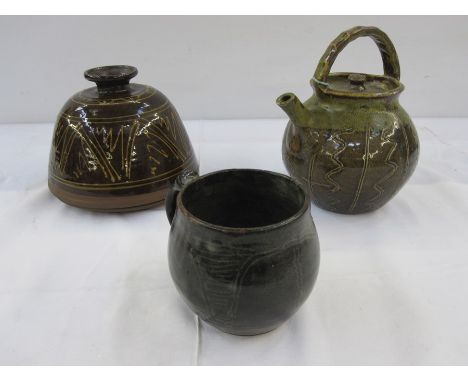 Studio pottery green glazed teapot with incised mark to base 'AGB', 20cm high, studio pottery cheese dish with cover in brown