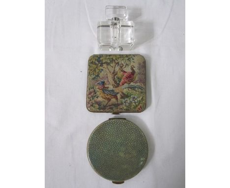 Shagreen covered gilt metal compact, another with petitpoint tapestry and a glass scent bottle