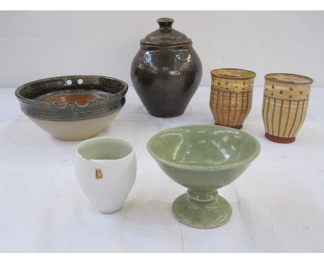 Quantity of studio pottery to include Seth Cardew brown glazed lidded jar, pair of Clare Wratten orange and brown glazed cups