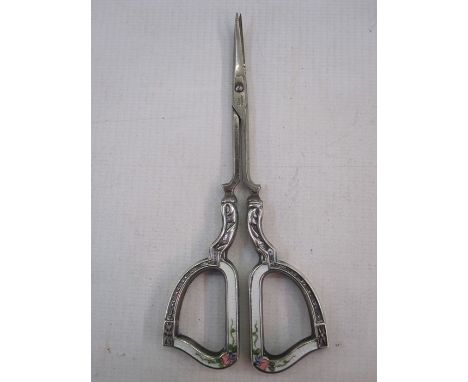 Pair of German silver and enamel scissors, marked 'Batpre Germany', 'Sterling', white enamel decoration to handle, floral dec
