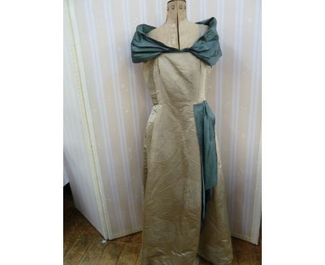 1950's figured satin evening dress with Oriental print, labelled 'Patricia Anne, Beauchamp Place, SW3', a 1930's bias-cut lac