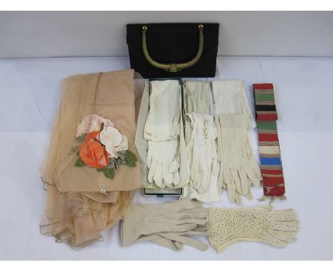 Net veil with faux-flower decoration, a pair of white kid long evening gloves in original Fortnum & Mason box, a quantity of 