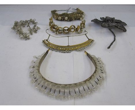 Victorian and later headdresses/tiaras to include metal and faux-pearl, silver thread, silver-coloured metal bound around a t