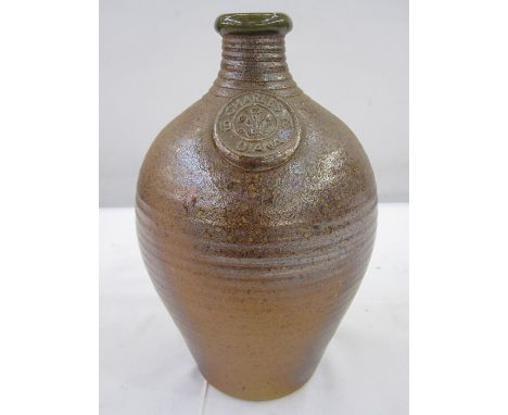 John Leach salt glazed studio pottery flagon with commemorative plaque 'Charles Diana 1981' with Muchelney mark to base, 22cm