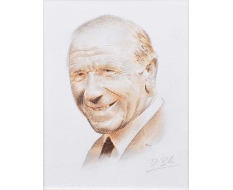 Darren Baker (British 1976-) Portrait of Sir Matt Busby, signed by both the artist and by Sir Matt Busby in the mount below, 