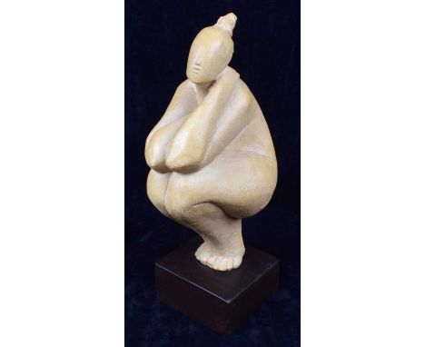 Jean Fenton (20th/21st century) Crouching female figure, monogrammed, ceramic sculpture set on a wooden base.height 51cm (20i