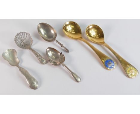 Georg Jensen silver year spoons 1972 &amp; 1973, together with two antique silver tea caddy spoons, one repaired, and two dam