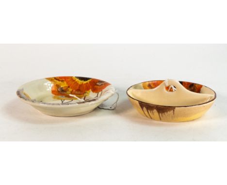 Clarice Cliff, pin dish &amp; small shallow bowl in the 'Rhodanthe' pattern, hand painted in brown and orange shaded depictin