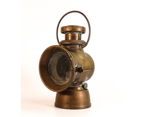 Brass lamp, Lucas King of the Road model 724, trimmed section around collar nearest base of handle, some dents, clasp bent, h