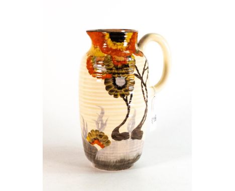 Clarice Cliff, ribbed jug in the 'Rhodanthe' pattern, shape no.563 hand painted in brown and orange shades depicting stylised