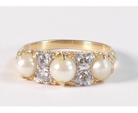 Yellow gold pearl &amp; diamond ring, (tested to be 18ct gold or higher) size M, 4.4g. 