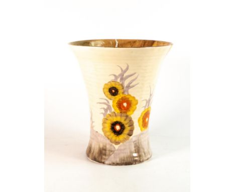 Clarice Cliff, large vase in the 'Rhodanthe' pattern, shape no.602 hand painted in brown and orange shades depicting stylised