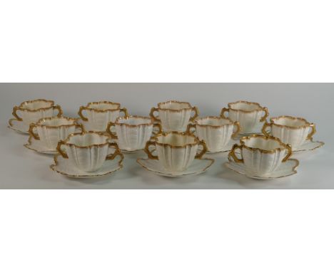 Wileman 6 Bouillon cups &amp; saucers x 11. Shell shaped with stippled gold edge. (22 Pieces) 