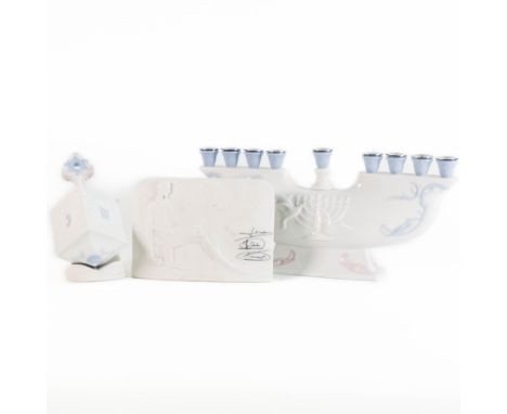Lladro porcelain models to include Menorah 6706, Dreidel 6679 and Charter Member Plaque 7601 (3) 