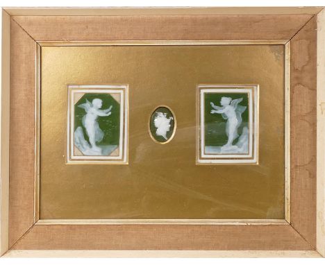 Late 19th century Pate sur Pate framed medallions in the Minton style, the gilded pair of rectangular medallions decorated wi