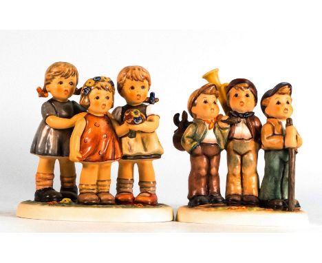 Goebel M J Hummel figures Traveling Trio 1188 (limited edition with cert) &amp; Bashful Serenade 1773, tallest 14cm, boxed (2