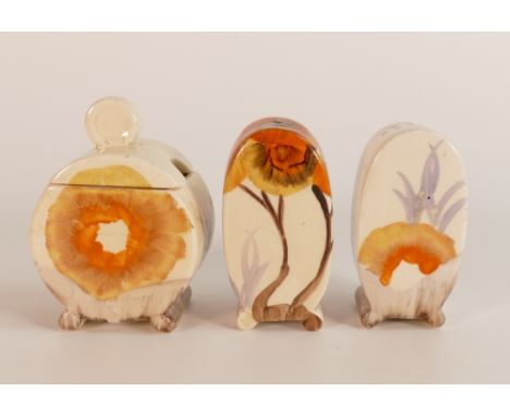 Clarice Cliff, cruet set in the 'Rhodanthe' pattern, Bonjour Shape hand painted in brown and orange shades depicting stylised