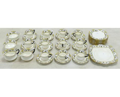 Paragon Fine China tea ware decorated with silhouettes in landscape - 4 side plates ring dead, 2 cups with hairlines &amp; da