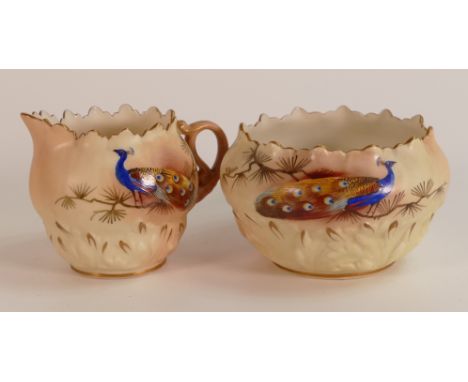 Locke &amp; Co. Worcester Blush Ivory small jug &amp; bowl decorated with peacock in landscape, height 6.5cm 