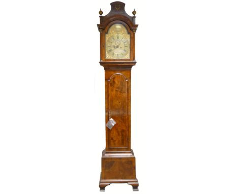 19th century Burr walnut longcase clock, arched ornate brass dial by Thos. Moore of London, h. 7ft 9 inches or 236cm. Replace