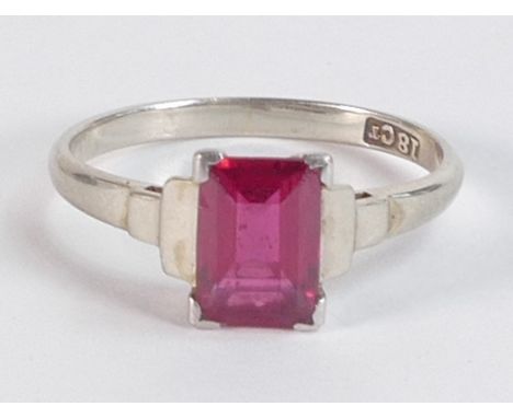 18ct white gold and Ruby ring, stamped 18k, stone measures 8.5mm x 5.5mm appx.  Ring size K, weight 2.25g. 