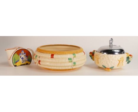 A collection of Clarice Cliff items including Celtic Harvest butter dish &amp; cover, ribbed bowl and Wedgwood Bizarre cream 