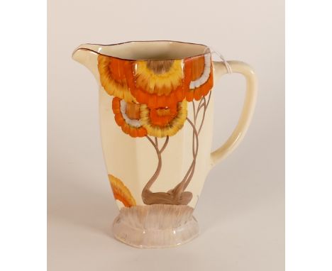 Clarice Cliff, Athens jug in the 'Rhodanthe' pattern, hand painted in brown and orange shades depicting stylised tree landsca