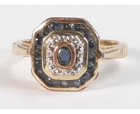 A sapphire &amp; diamond square design dress ring, unmarked but tested to 18ct gold, size S, 4.8g. 