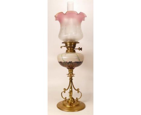 Art Nouveau brass fluted column oil lamp with Kralik type glass reservoir, chimney &amp; shade, height complete 67cm 