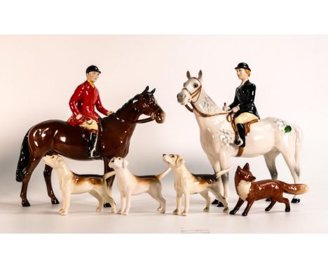 Beswick Hunting set, comprising Huntswoman on grey horse 1730, Huntsman on brown horse 1501 3 hounds and a fox. (6) 