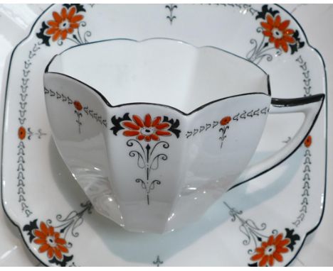 Shelley Queen Anne shape part tea set, pattern 11497 to include tea pot, cake plate, 4 cups, 5 saucers, milk jug and 3 side p