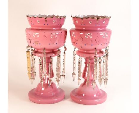 Pair of Victorian pink glass vases with lustre droppers, height 37.5cm. Four glass droppers missing, one replacement plastic 