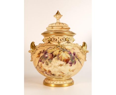 Royal Worcester large two handled pot pourri vase and cover, gilded &amp; hand painted all around with flowers, berries and s