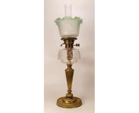 Victorian brass fluted column oil lamp with glass reservoir, chimney &amp; shade, height complete 69cm Edina Burner noted 