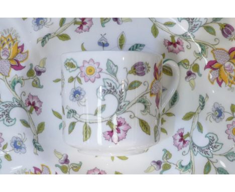 A collection of Minton Haddon Hall pattern dinner &amp; tea ware including rimmed bowls, tureen, tureen cover, sauce boats, e