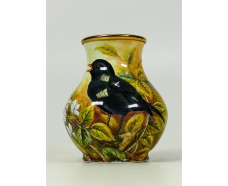 Moorcroft trial enamel pot / vase decorated in the blackbird design. Dated 7/11/03 initials S.J.S. Height 6.5cm 