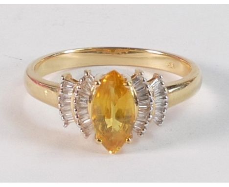 18k gold set rare yellow sapphire &amp; 32 diamond cluster ring.   Marquise shape Chanthaburi yellow sapphire 10mm x 5mm &amp