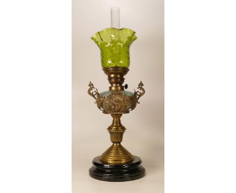 WMF type brass fluted column oil lamp with iridescent glass reservoir, chimney &amp; shade, height complete 55cm 