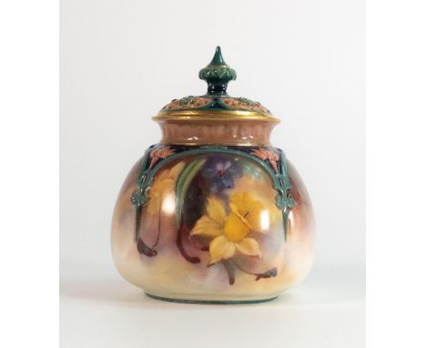 Royal Worcester Hadley pot pourri pot, decorated with flowers, height 10cm, damage to internal lid 