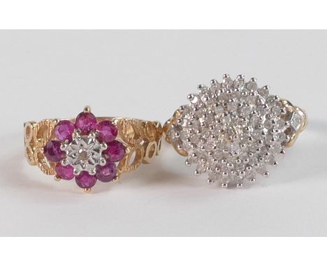 Two 9ct gold hallmarked rings - Diamond cluster, shank indicates 0.5ct total diamond weight, size M, together with ruby &amp;