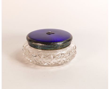 Cut Crystal and Sterling silver lidded vanity pot with blue Guilloche enamel top. Inscription to inside of lid reads 'Present